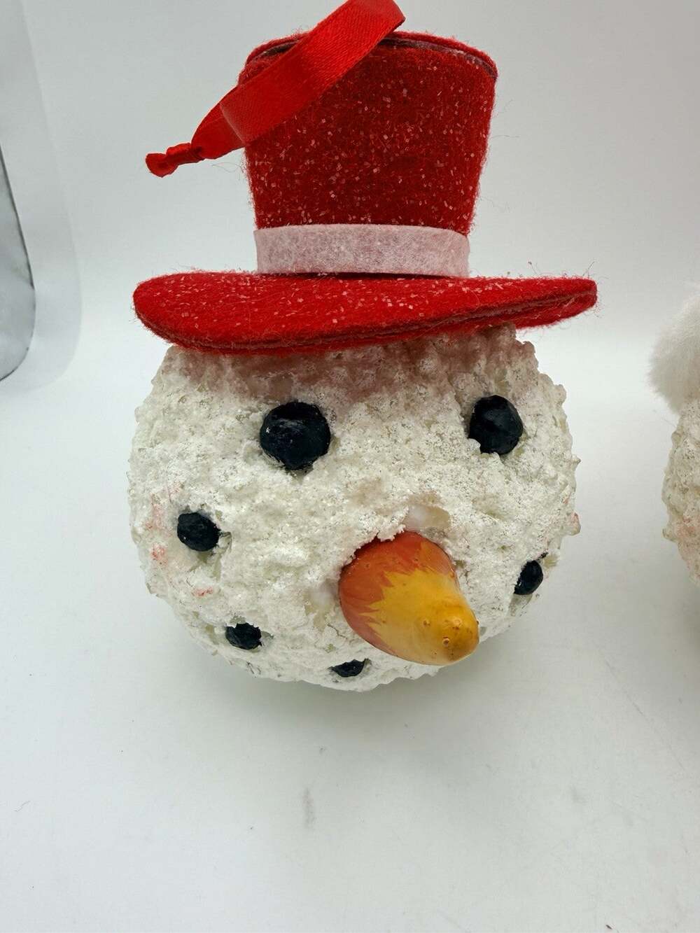 Set of 2 Snowman Head Hanging Christmas Ornaments Red Hats Polka Dot Foam